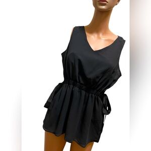 DKNY DRESSY V-NECK TANK TOP  SIDES TIES ELASTIC WAIST SLEEVELESS BLACK SIZE S